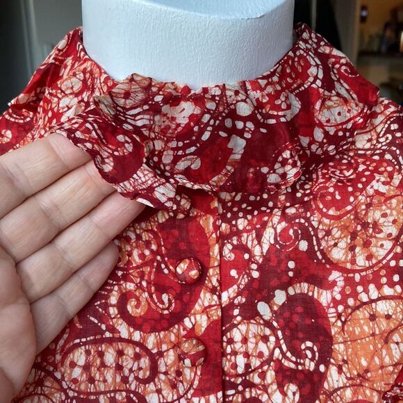 100% Cotton Red Batik Modest High Neck Floor Length Ruffled Maxi Dress Malaysian - Picture 4 of 11